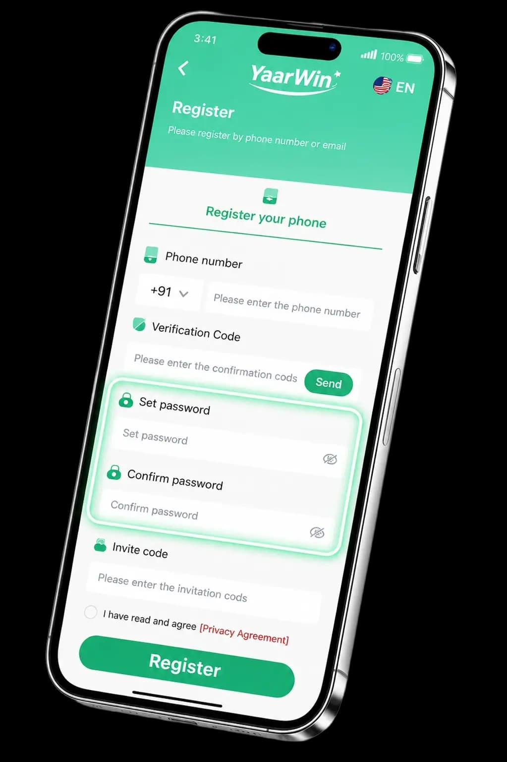 YaarWin registration — set password